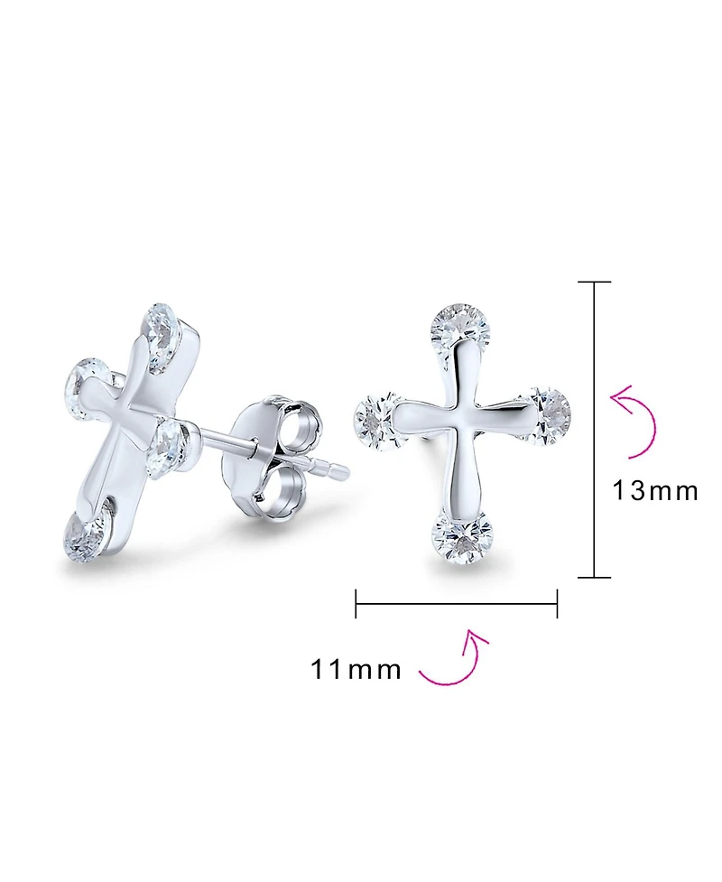 Bling Jewelry Dainty Cz Stud Earrings with Petite Religious Cross for in Sterling Silver