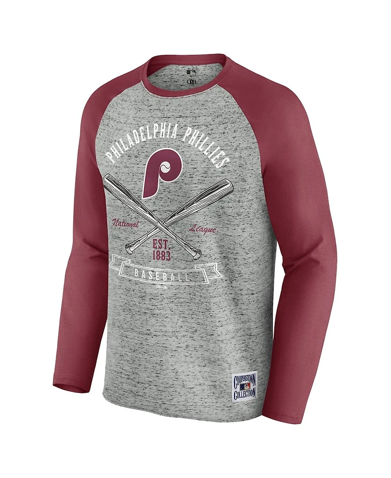 Fanatics Men's Heather Gray Philadelphia Phillies Raw Edge Raglan Long Sleeve Baseball T-Shirt