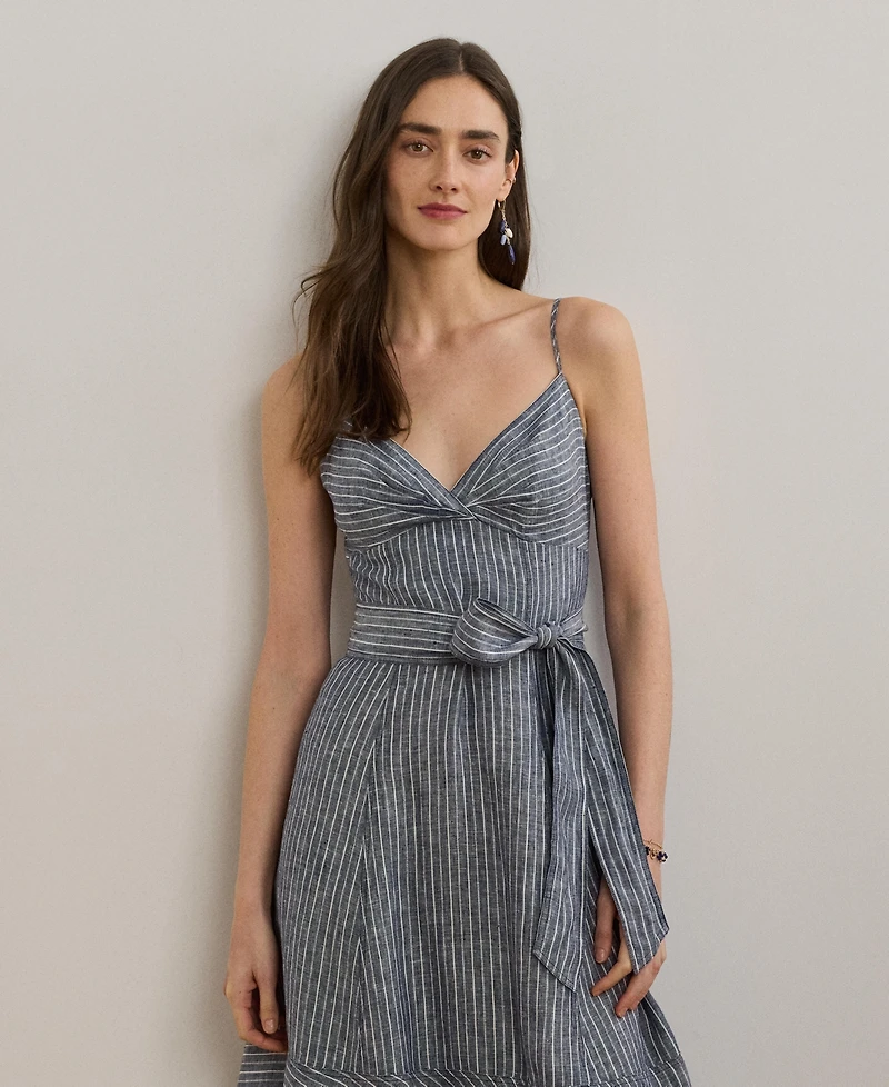 Lauren Ralph Lauren Women's Striped Belted Linen Sleeveless Dress