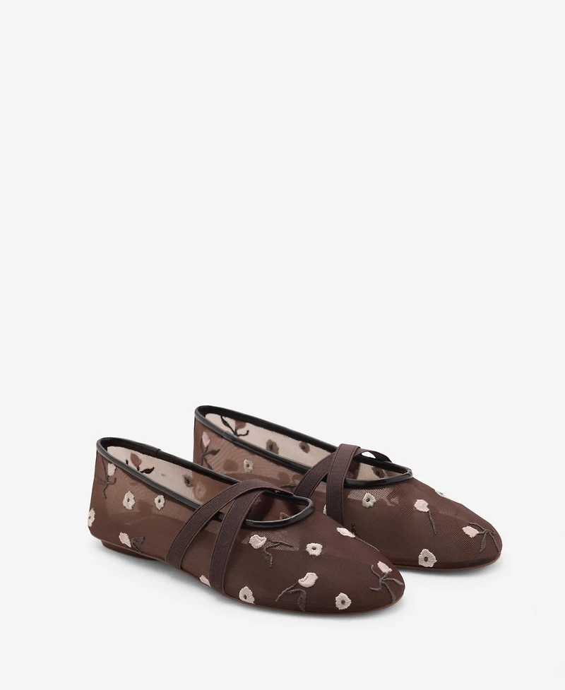 Mango Women's Cross Straps Embroidered Flowers Ballerinas Shoes