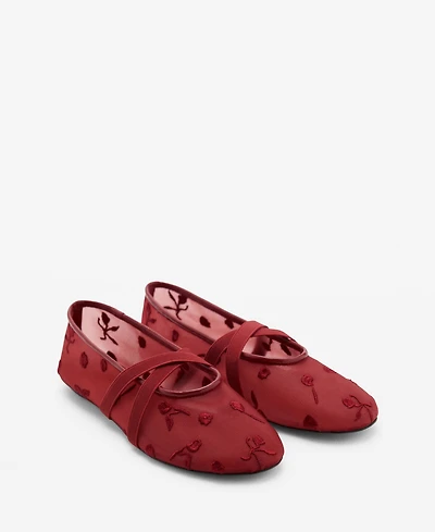 Mango Women's Cross Straps Embroidered Flowers Ballerinas Shoes