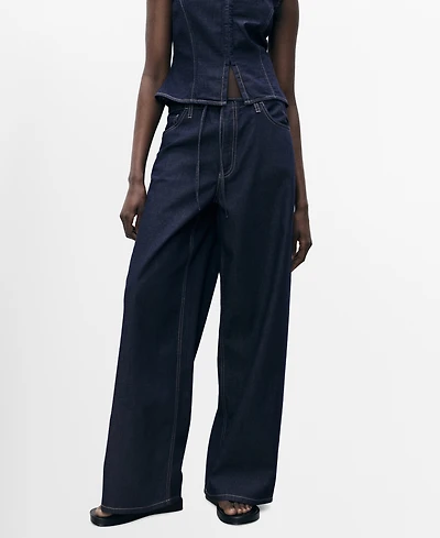 Mango Women's Belted Wide Leg Denim Trousers Pants