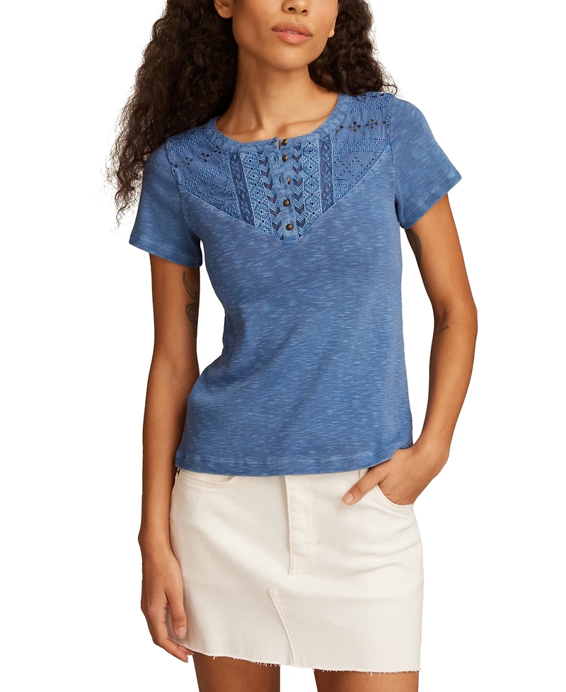 Lucky Brand Women's Cotton Cutwork Henley Tee