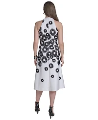 Halston Women's Halter V-Neck Flared Midi Dress