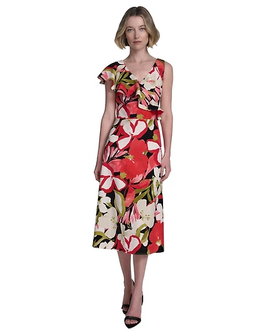 Halston Women's Printed Asymmetric Ruffled Midi Dress