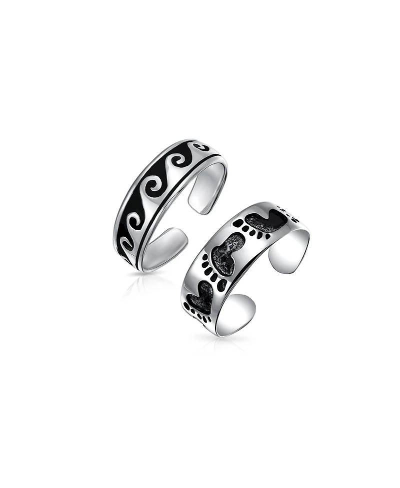 Bling Jewelry Set of 2 Nautical Ocean Waves and Beach Sand Footprints Midi Toe Ring Silver