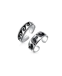 Bling Jewelry Set of 2 Nautical Ocean Waves and Beach Sand Footprints Midi Toe Ring Silver