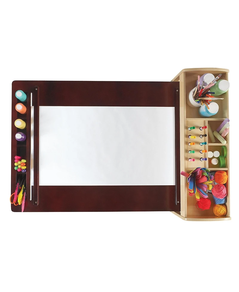 Guidecraft Deluxe Art Center - Natural: Kids Wooden Craft Desk with Shelves, Bins & Paper Roll | Playroom Toddler Table & Chair Set