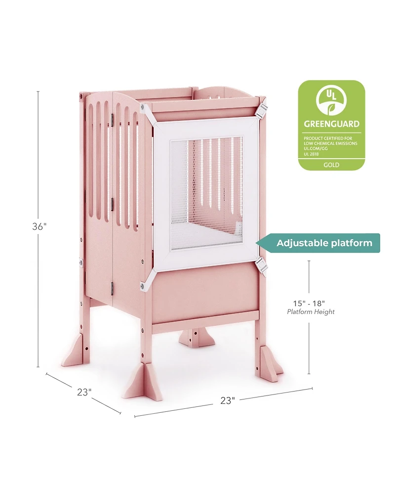 Guidecraft Contemporary Kitchen Helper Toddler Step Stool - Ivory: Adjustable, Kids Foldable Learning Toddler Tower with Safety Mat