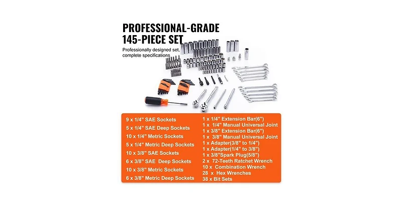 Mechanics Tool Set And Socket Set, Drive Deep And Standard Sockets, 145 Pcs Sae And Metric Mechanic Tool Kit With Bits, Combination Wrench, Hex Wrench