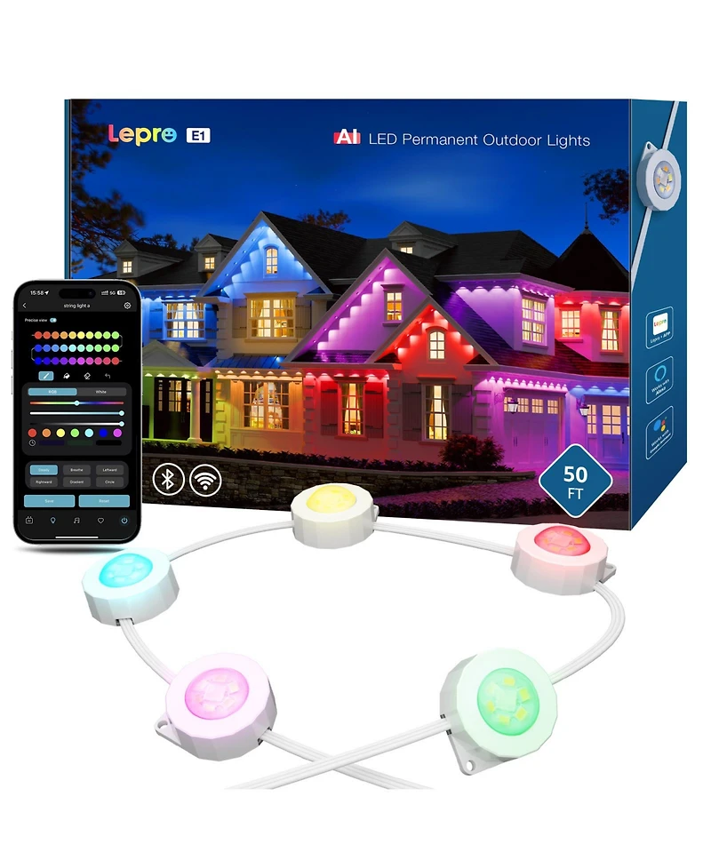 Lepro E1 Ai Permanent Outdoor Lights App Control, 50ft Smart Rgb+Ic Christmas House Lights with 30 Warm/Cool White Led Pucks, Alexa Google Enabled, Ai
