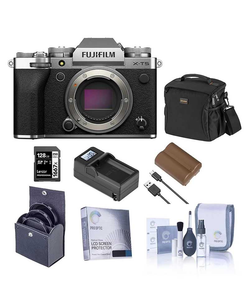 Fujifilm X-T5 Mirrorless Camera, Silver with Xf 16-50mm f/2.8-4.8 R Lm Wr Lens, Bundle with 128GB Memory Card, Shoulder Bag, Np-W235 Battery, Smart Ch