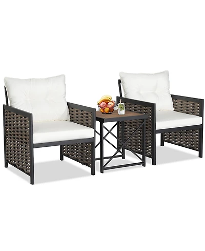 Gymax Outdoor 3 Pieces Patio Rattan Chair & Coffee Table Set Furniture Set Backyard Poolside
