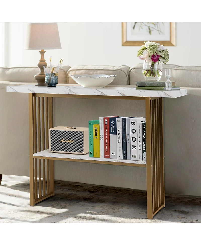 48 Inch 2-Tier Console Table with Gold Finished Frame-White