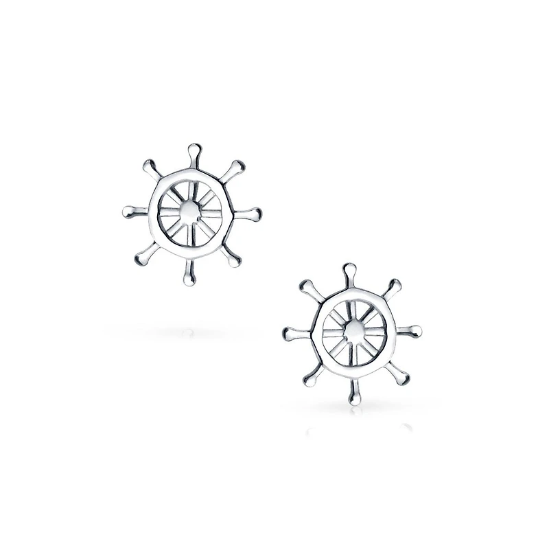 Bling Jewelry Set of 2 Small Nautical Sail Boat and Ship Wheel Stud Earrings Sterling Silver