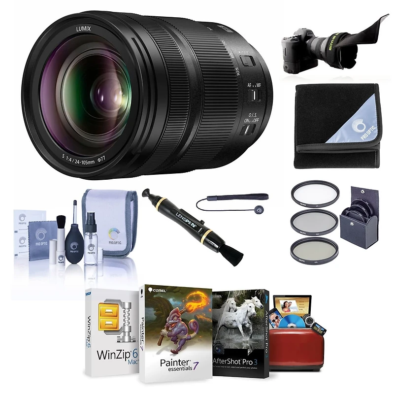 Panasonic Lumix S 24-105mm f/4 O.i.s. Lens for L Mount, Bundle with ProOptic 77mm Filter Kit, Flex Lens Shade, Lens Cleaner, Lens Wrap, Cap Tether, Cl