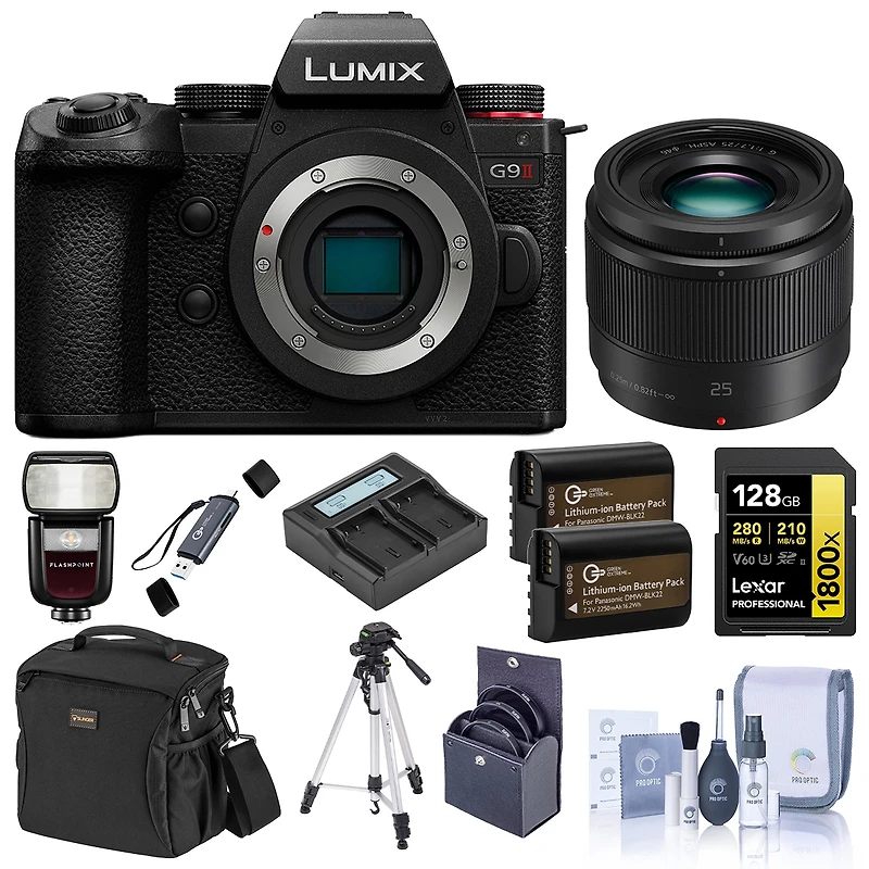 Panasonic Lumix G9II Mirrorless Camera with Lumix G 25mm f/1.7 Lens, Bundle with Zoom Li-on Iii R2 Flash, 128GB Sdxc Memory Card, Tripod, 2x Dmw-BLK22