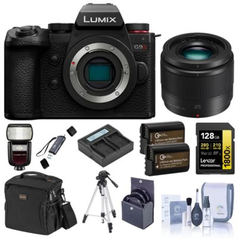 Panasonic Lumix G9ii Mirrorless Camera With Lumix G 25mm F 1.7 Lens Bundle With Zoom Li On Iii R2 Flash 128gb Sdxc Memory Card Tripod 2x Dmw Blk22