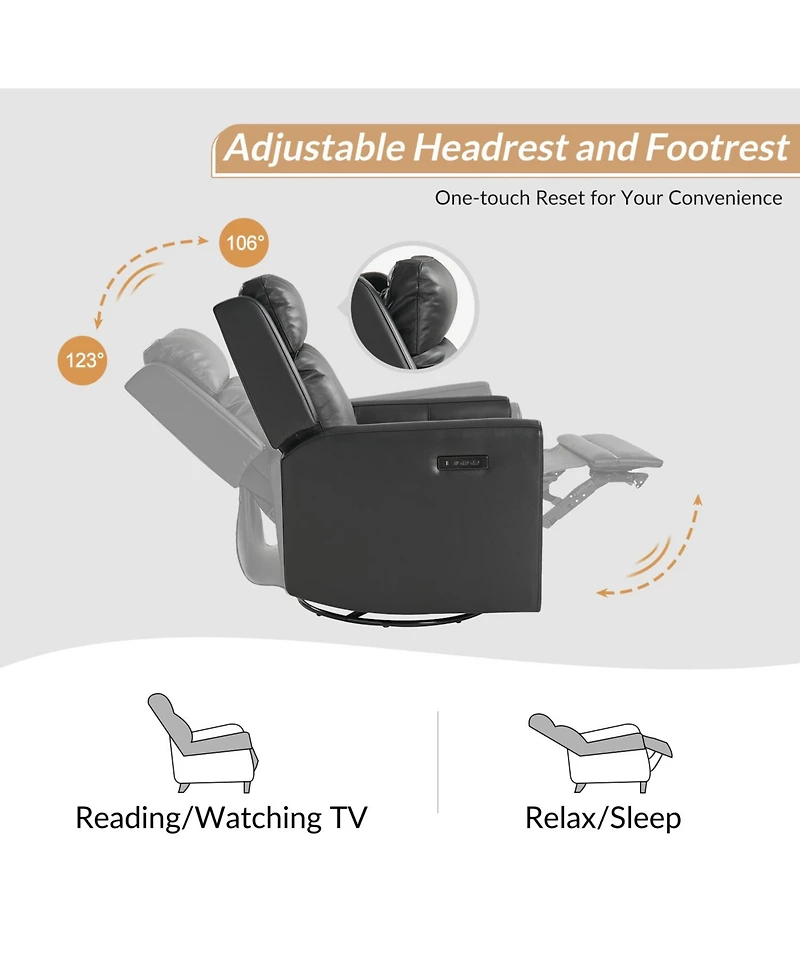 Jaime Genuine Leather Swivel Power Recliner Built-in Usb Port with Adjustable Headrest