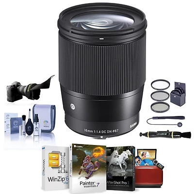 Sigma 16mm f/1.4 Dc Dn Contemporary Lens for Canon Ef-m, Bundle with ProOptic 67mm Filter Kit, Cleaning Kit, Cap Keeper, Flex Lens Shade, Lens Cleaner