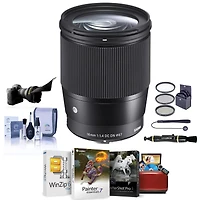 Sigma 16mm f/1.4 Dc Dn Contemporary Lens for Canon Ef-m, Bundle with ProOptic 67mm Filter Kit, Cleaning Kit, Cap Keeper, Flex Lens Shade, Lens Cleaner