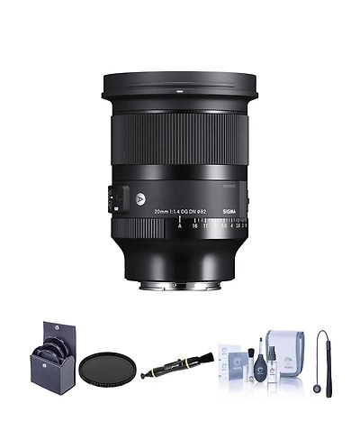 Sigma 20mm f/1.4 Dg Dn Art Lens for Sony E Bundle with 82mm Filter Kit, 82mm Vnd Filter, Lens Cleaner, Cleaning Kit, Lens Cap Tether