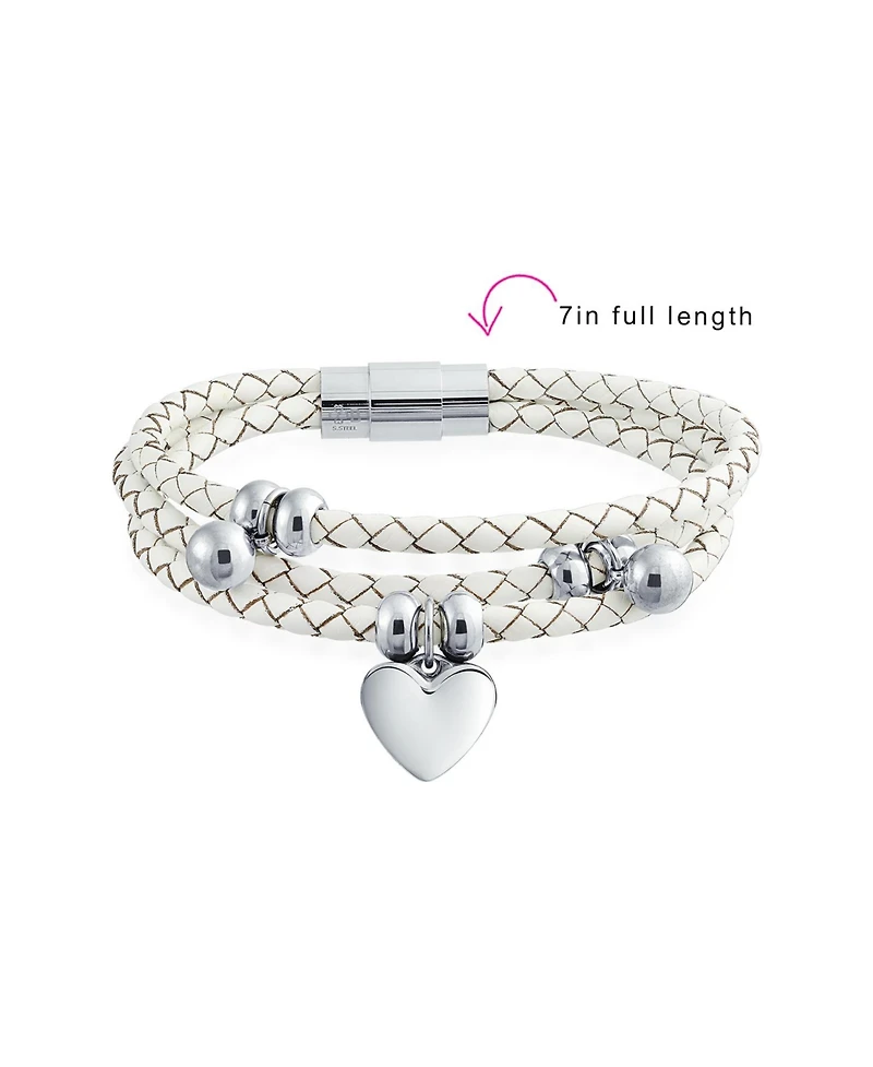 Bling Jewelry Pink or White Wrap Bracelet with Braided Leather and Heart Charms Stainless Steel