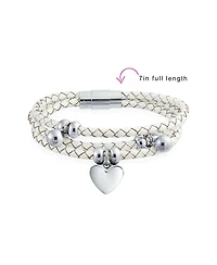 Bling Jewelry Pink or White Wrap Bracelet with Braided Leather and Heart Charms Stainless Steel