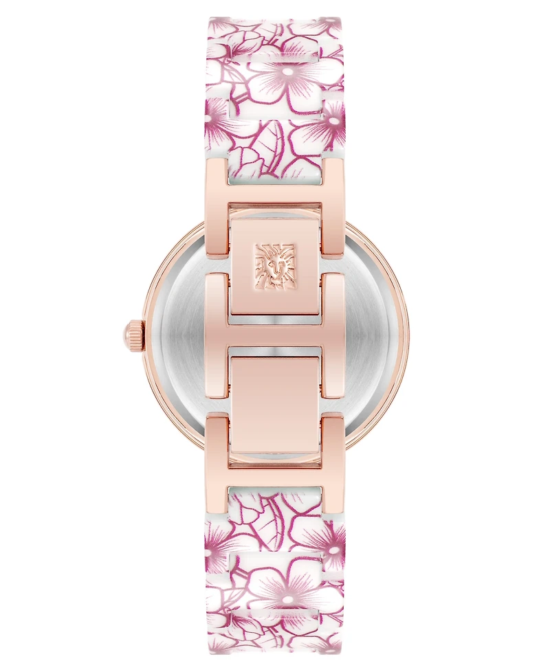 Anne Klein Women's Quartz Pink Flower Pattern Ceramic Bracelet Watch, 33mm