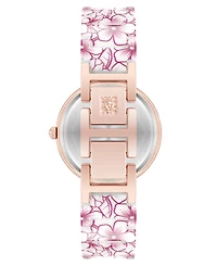 Anne Klein Women's Quartz Pink Flower Pattern Ceramic Bracelet Watch, 33mm