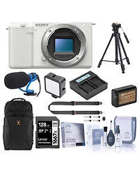 Sony Zv-E10 Mirrorless Camera, White, Bundle with 128GB Memory Card, Li-Ion Battery, Tripod, Shotgun Microphone and Backpack