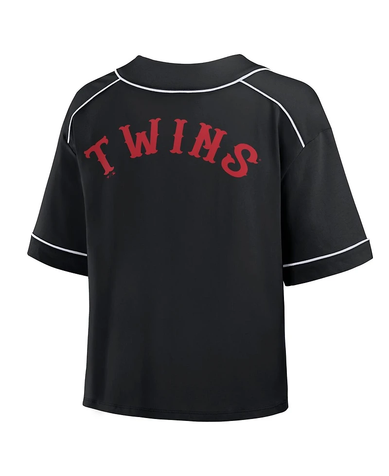 Fanatics Women's Black Minnesota Twins Oversized Champ Game Cropped V-Neck T-Shirt