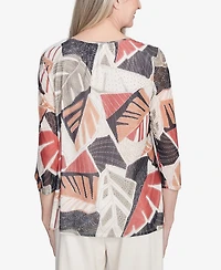 Alfred Dunner Petite Natural Instinct Tropical Mesh Top With Necklace