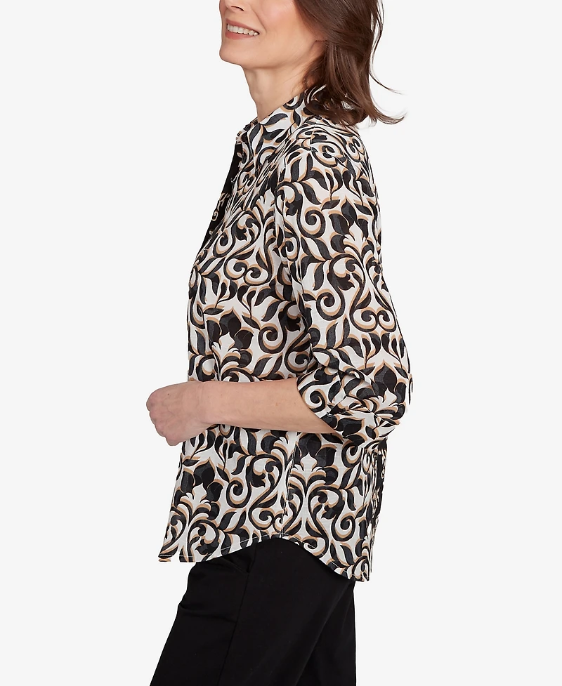 Alfred Dunner Petite Natural Instinct Medallion Twin Print Button Front Top