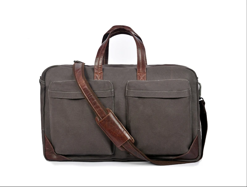 Aaron Leather Goods Canvas and Leather Laptop Briefcase with Dual Front Pockets, Full-Zip Closure, Adjustable Shoulder Strap, Metal Feet, and Padded L