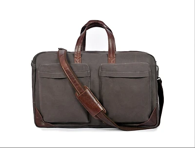 Aaron Leather Goods Canvas and Leather Laptop Briefcase with Dual Front Pockets, Full-Zip Closure, Adjustable Shoulder Strap, Metal Feet, and Padded L