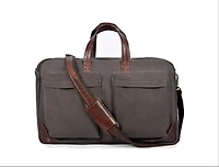 Aaron Leather Goods Canvas and Leather Laptop Briefcase with Dual Front Pockets, Full-Zip Closure, Adjustable Shoulder Strap, Metal Feet, and Padded L