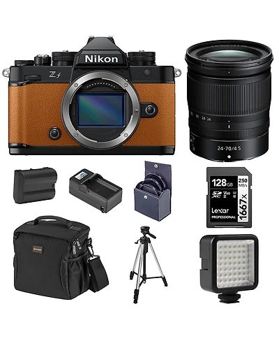 Nikon Z f Mirrorless Camera, Orange with Nikkor Z 24-70mm f/4 S Lens, Bundle with Battery, 128GB Memory Card, W49 Mini Led Light and Tripod