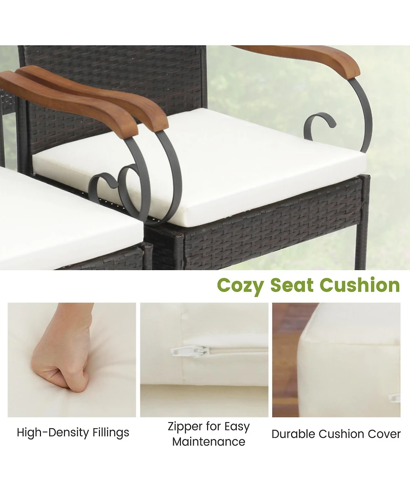 2PCS Patio Pe Wicker Chairs Acacia Wood Armrests withSoft Zippered Cushion Garden