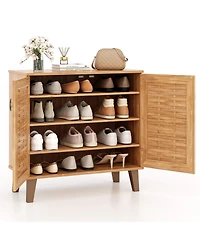 4-Tier Shoe Cabinet with Ventilated Woven Doors – 2-Door Organizer for Home Entryway or Closet