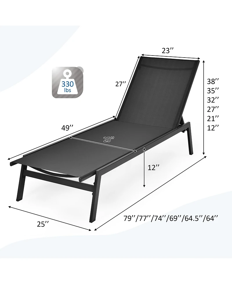 2 Pcs Patio Lounge Chair Chaise Recliner Back Adjustable Garden