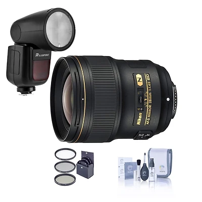 Nikon 28mm f/1.4E Af-s Nikkor Lens - Bundle with Flashpoint Zoom Li-on X R2 Ttl On-Camera Round Flash Speedlight, 77mm Filter Kit, Cleaning Kit