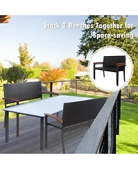 2 Pcs Outdoor Patio Rattan Wicker Bench Loveseat Chair Armrest Garden
