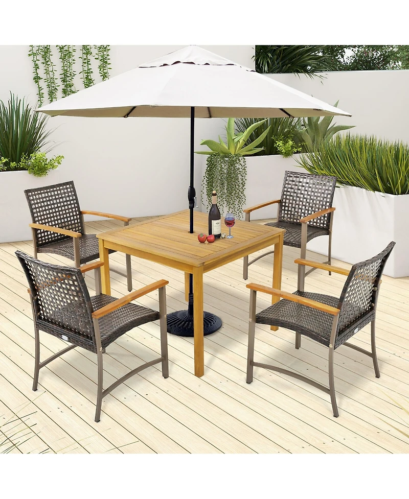 Gymax 5 Pcs Patio Dining Set Acacia Wood Table w/ 1.9'' Umbrella Hole Wicker Armchairs