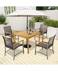 Gymax 5 Pcs Patio Dining Set Acacia Wood Table w/ 1.9'' Umbrella Hole Wicker Armchairs