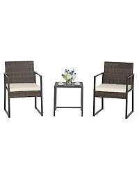 Gymax 3PCS Patio Rattan Hand-Woven Pe Wicker Bistro Set Outdoor Furniture Set w/ Table & Cushion