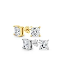 Bling Jewelry Set of 2 Square Solitaire Cz Stud Earrings Silver Gold Sterling Silver