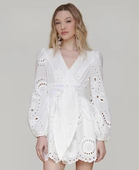Avec Les Filles Women's Cotton Eyelet Long-Sleeve Romper