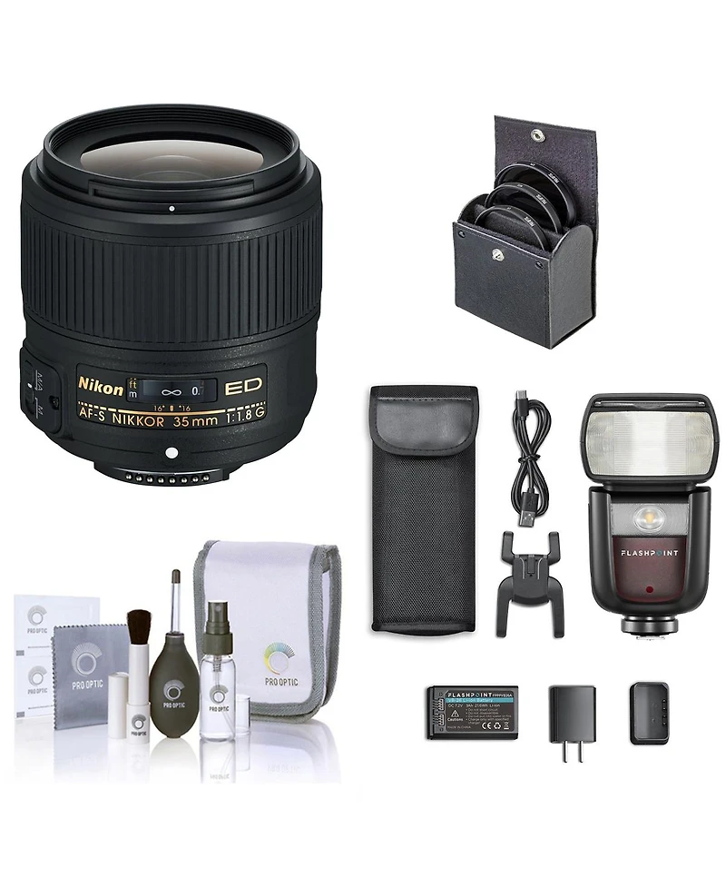 Nikon 35mm f/1.8G Ed Af-s Nikkor Lens, Bundle with Flashpoint Zoom Li-on Iii R2 Flash Speedlight, ProOptic 58mm Filter Kit, Cleaning Kit