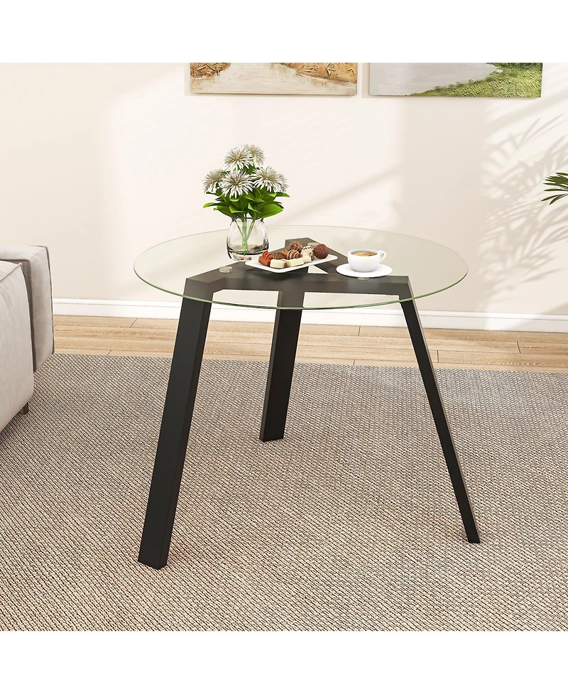 Round Glass Dining Table for 4 with Rubber Wood Frame